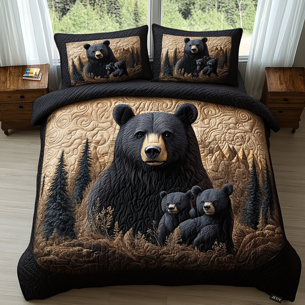 Black Bear Family 3-Piece Quilted Bedding Set