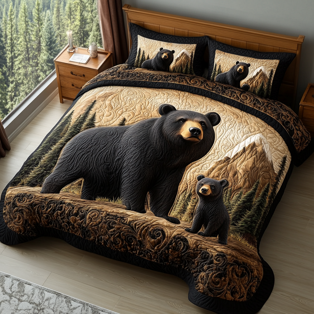 Black Bear Charm 3-Piece Quilted Bedding Set