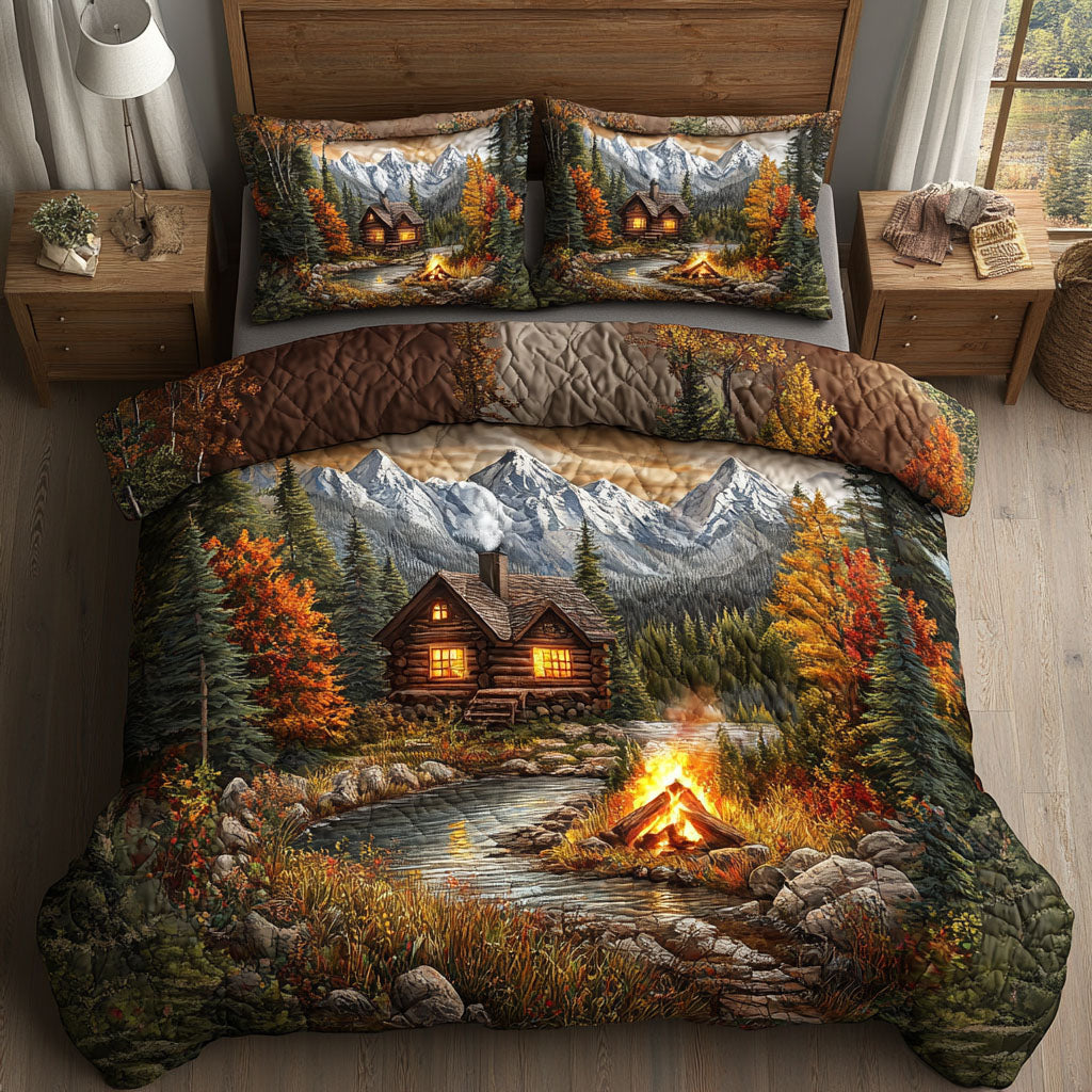 Cabin Campfire Mountains 3-Piece Quilted Bedding Set
