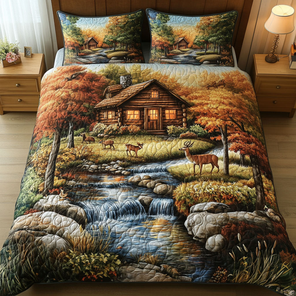 Cabin and Deer 3-Piece Quilted Bedding Set