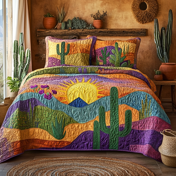 Cactus Sunrise 3-Piece Quilted Bedding Set