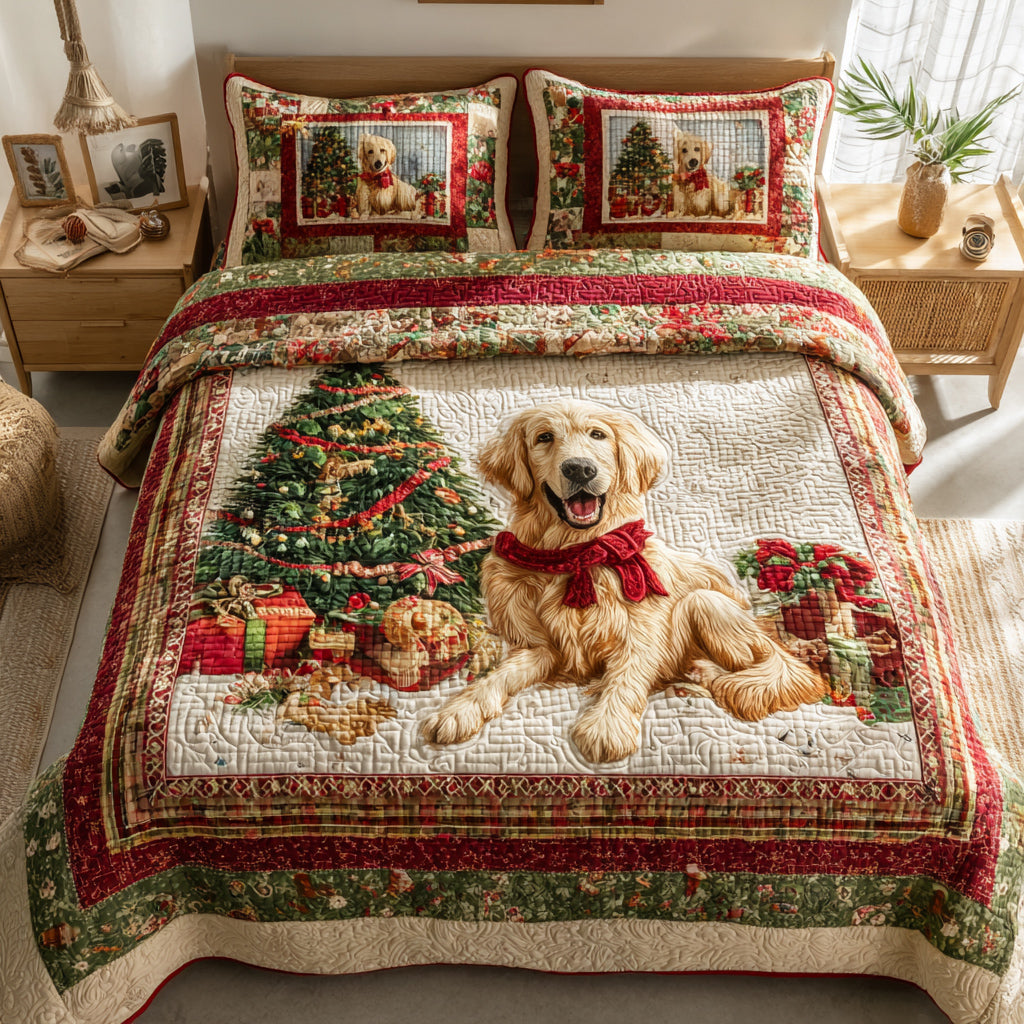 Christmas Golden Retriever 3-Piece Quilted Bedding Set