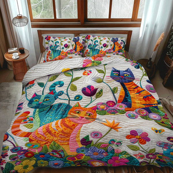 Floral Colorful Cats 3-Piece Quilted Bedding Set