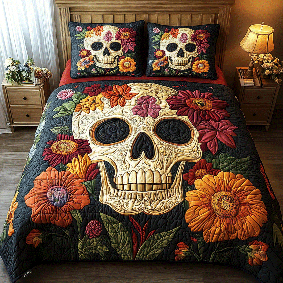 Floral Skull Charm 3-Piece Quilted Bedding Set