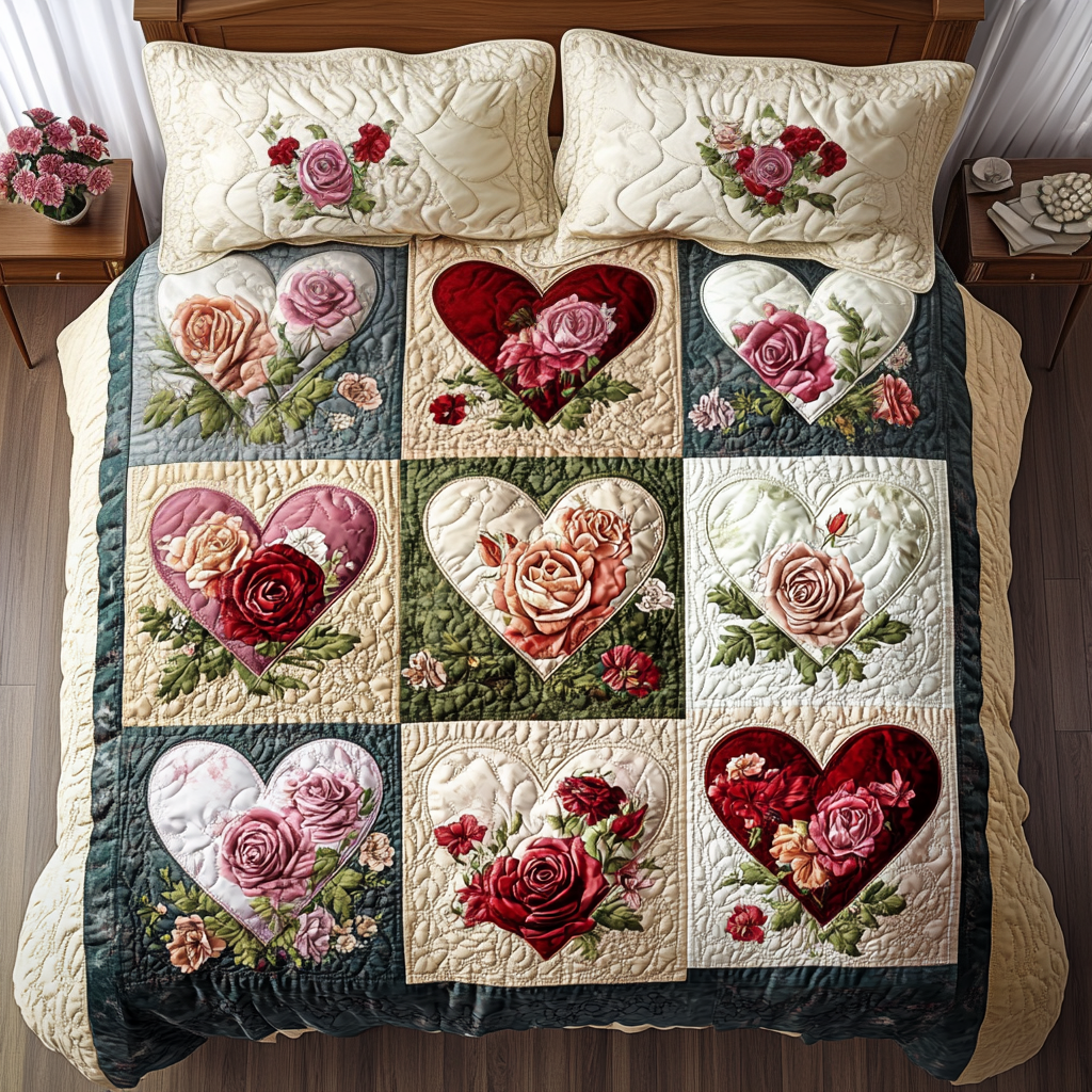 Floral Heart Trails 3-Piece Quilted Bedding Set
