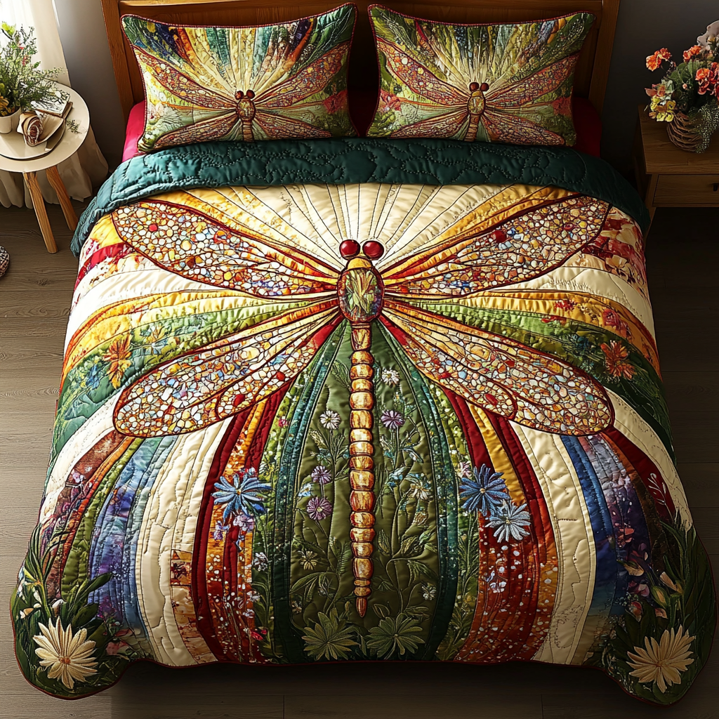 Golden Dragonfly 3-Piece Quilted Bedding Set