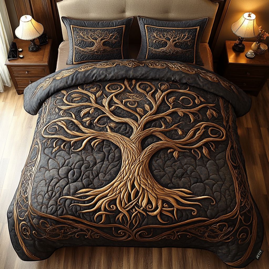 Golden Harmony 3-Piece Quilted Bedding Set
