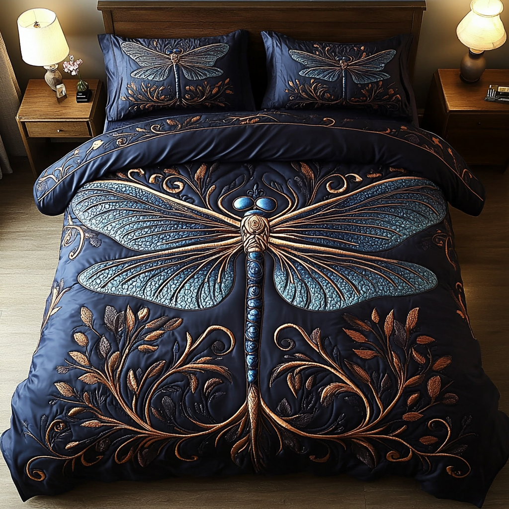 Golden Dragonfly 3-Piece Quilted Bedding Set