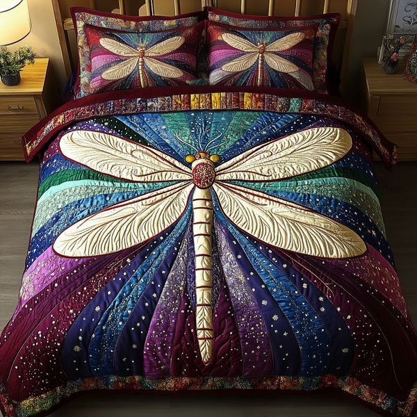 Golden Dragonfly 3-Piece Quilted Bedding Set