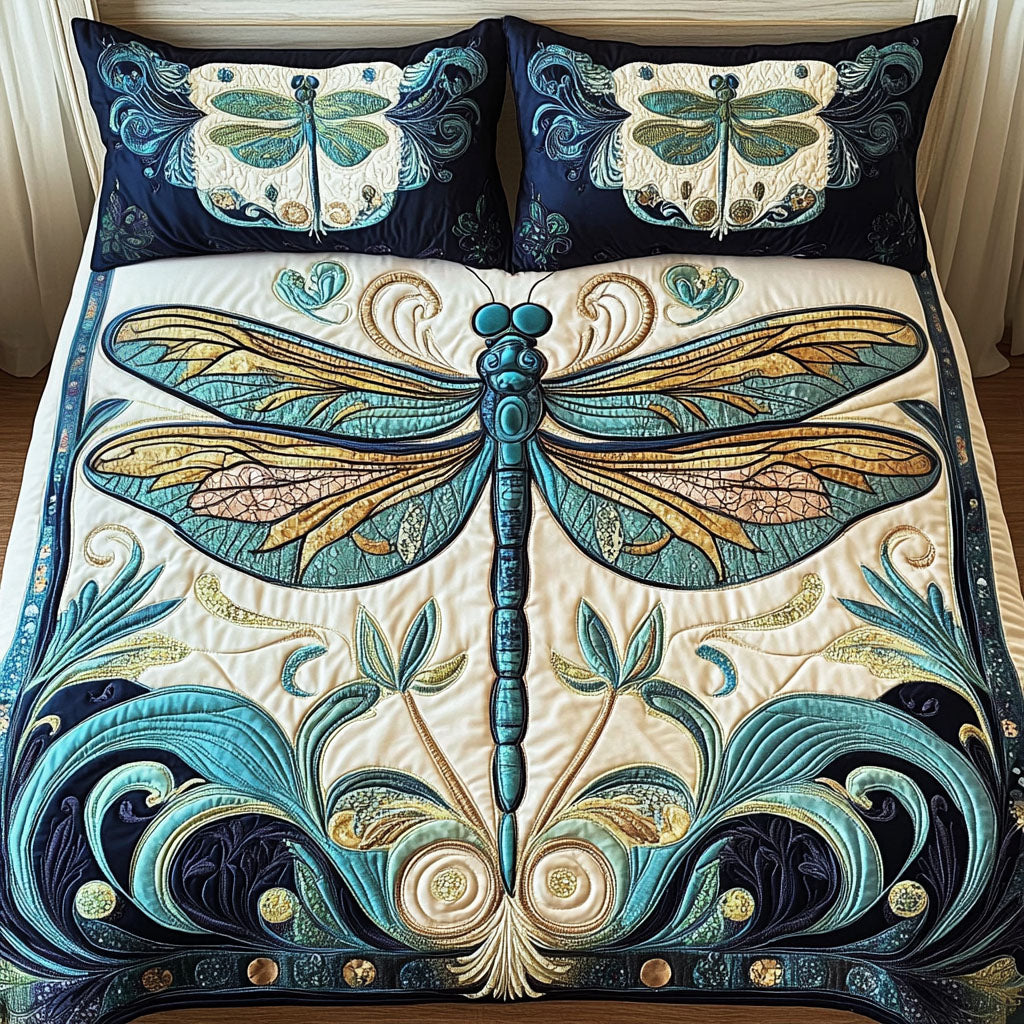 Golden Dragonfly 3-Piece Quilted Bedding Set