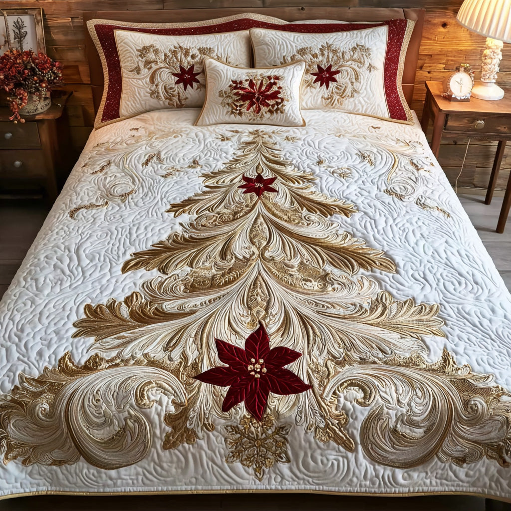 Golden Poinsettia 3-Piece Quilted Bedding Set