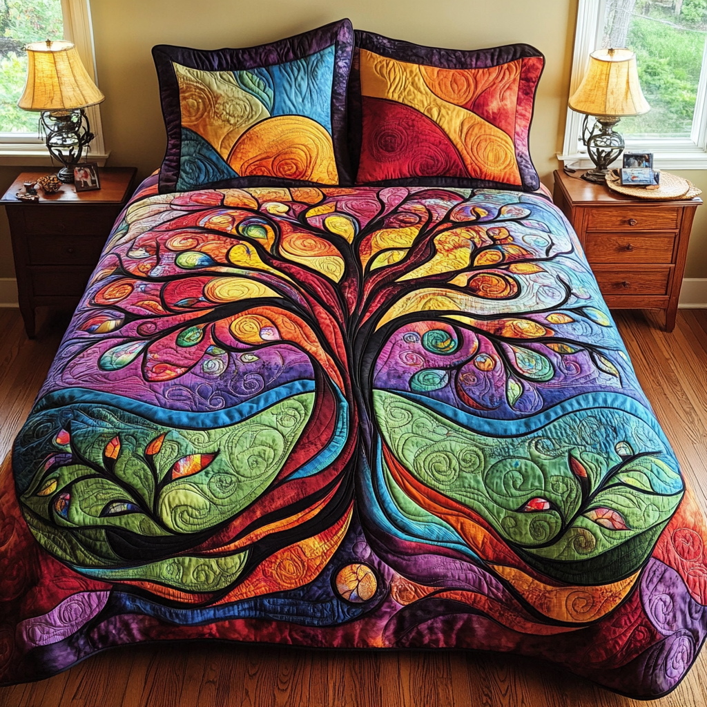 Golden Tree of Life 3-Piece Quilted Bedding Set