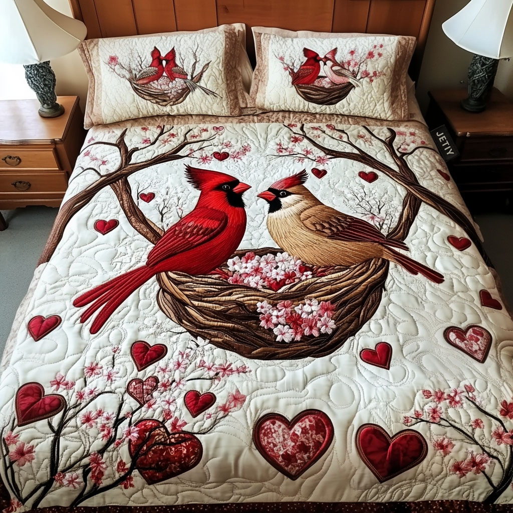 Couple Cardinal 3-Piece Quilted Bedding Set