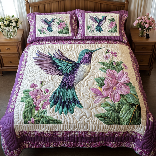 Hummingbird Glow 3-Piece Quilted Bedding Set