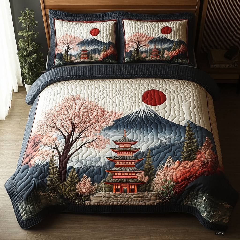 Japanese Pagoda Delight 3-Piece Quilted Bedding Set