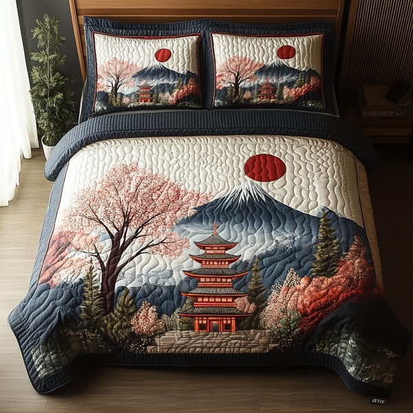Japanese Pagoda Delight 3-Piece Quilted Bedding Set