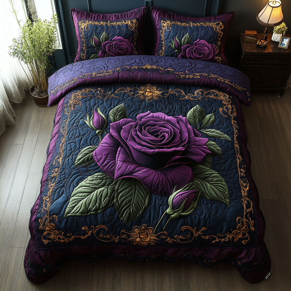 Purple Rose 3-Piece Quilted Bedding Set