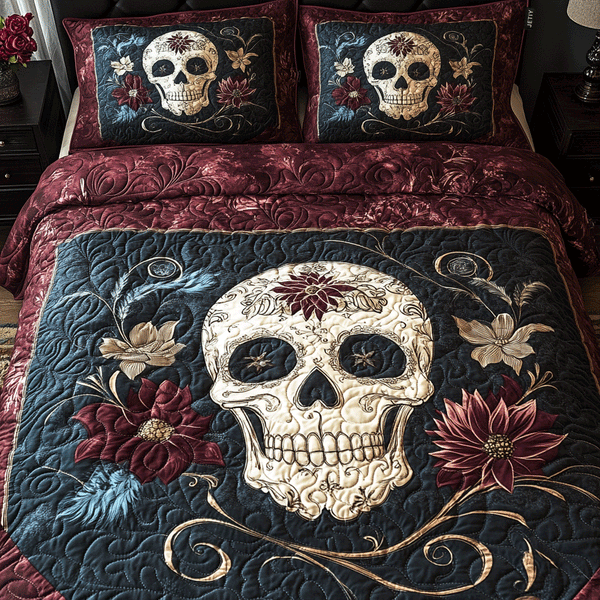 Midnight Skull Bloom 3-Piece Quilted Bedding Set