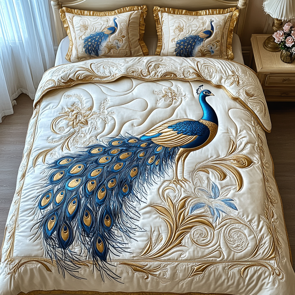 Peacock 3-Piece Quilted Bedding Set