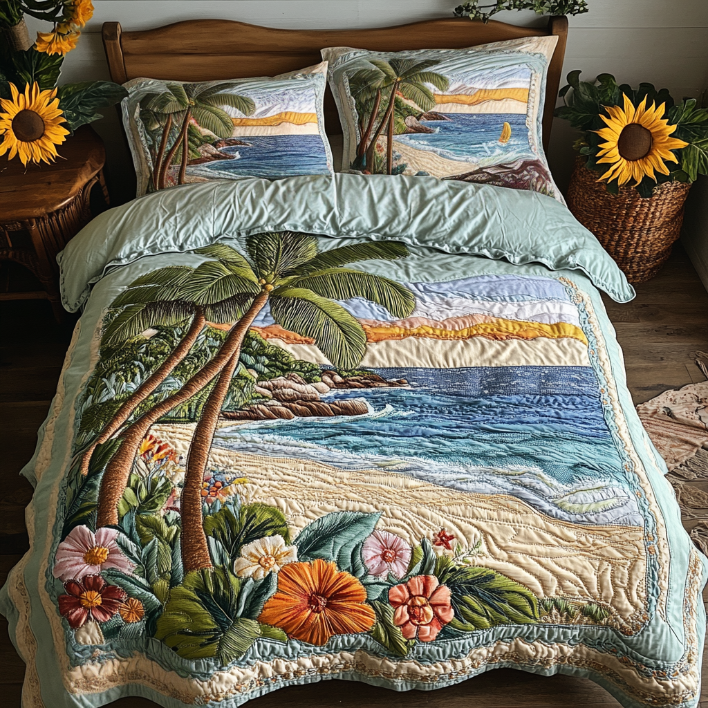 Palm Serenity 3-Piece Quilted Bedding Set