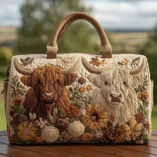Heather Two Highland Cows Quilted Duffle