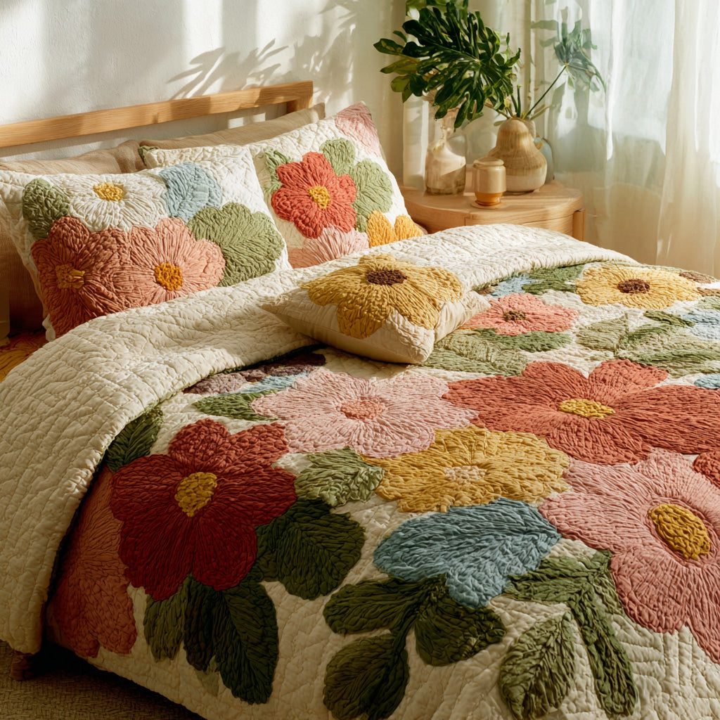 Retro Daisy Patchwork 3-Piece Quilted Bedding Set