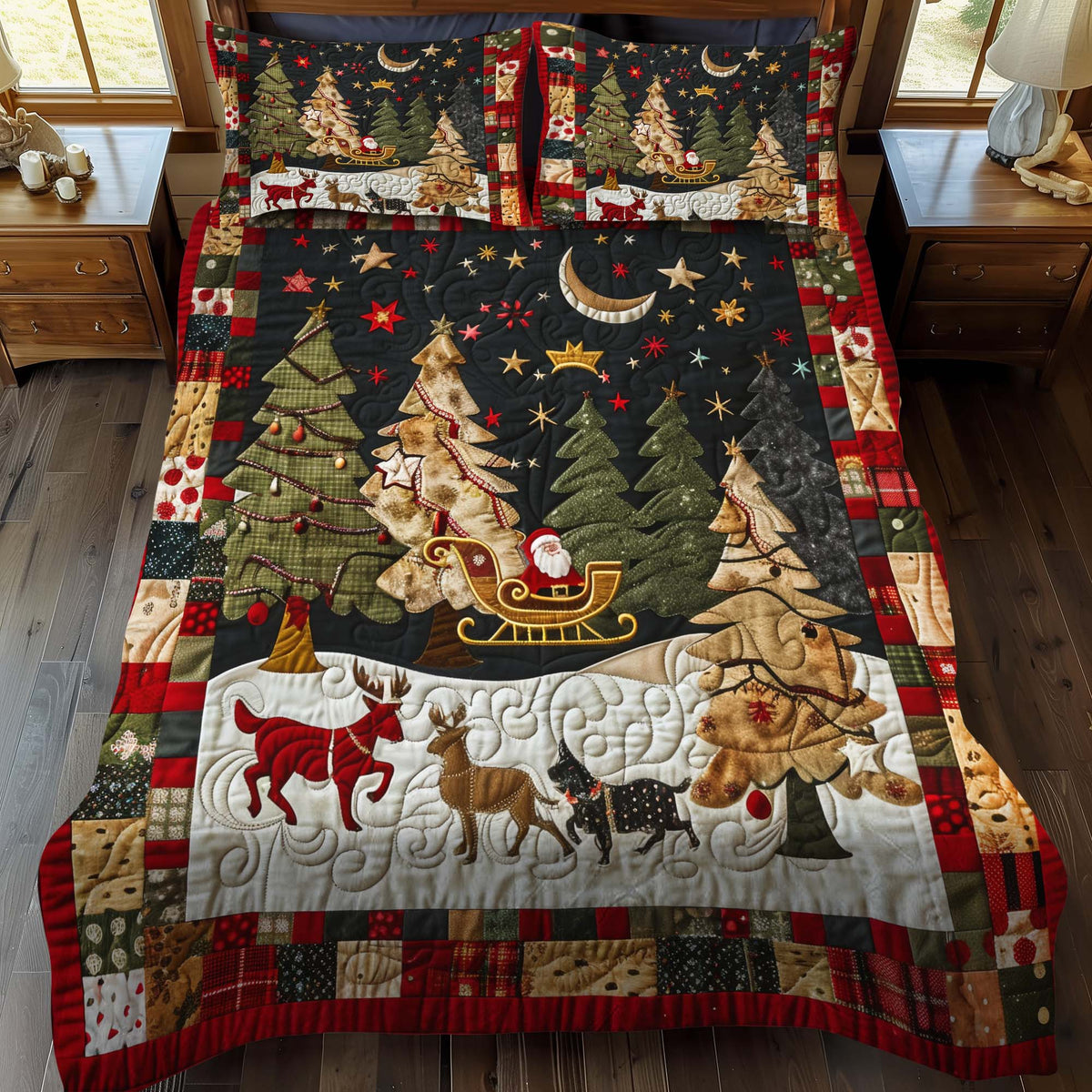 Santa's Night Sleigh Ride 3-Piece Quilted Bedding Set