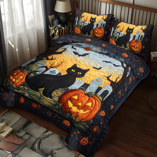 Spooky Cat Halloween 3-Piece Quilted Bedding Set