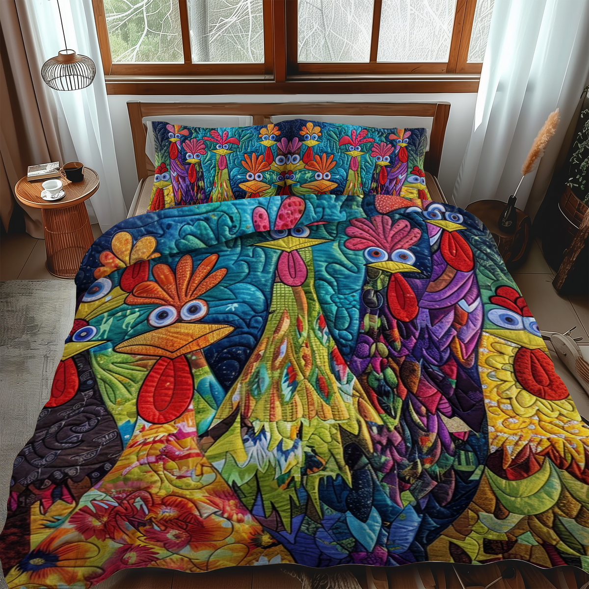 Whimsical Chickens 3-Piece Quilted Bedding Set