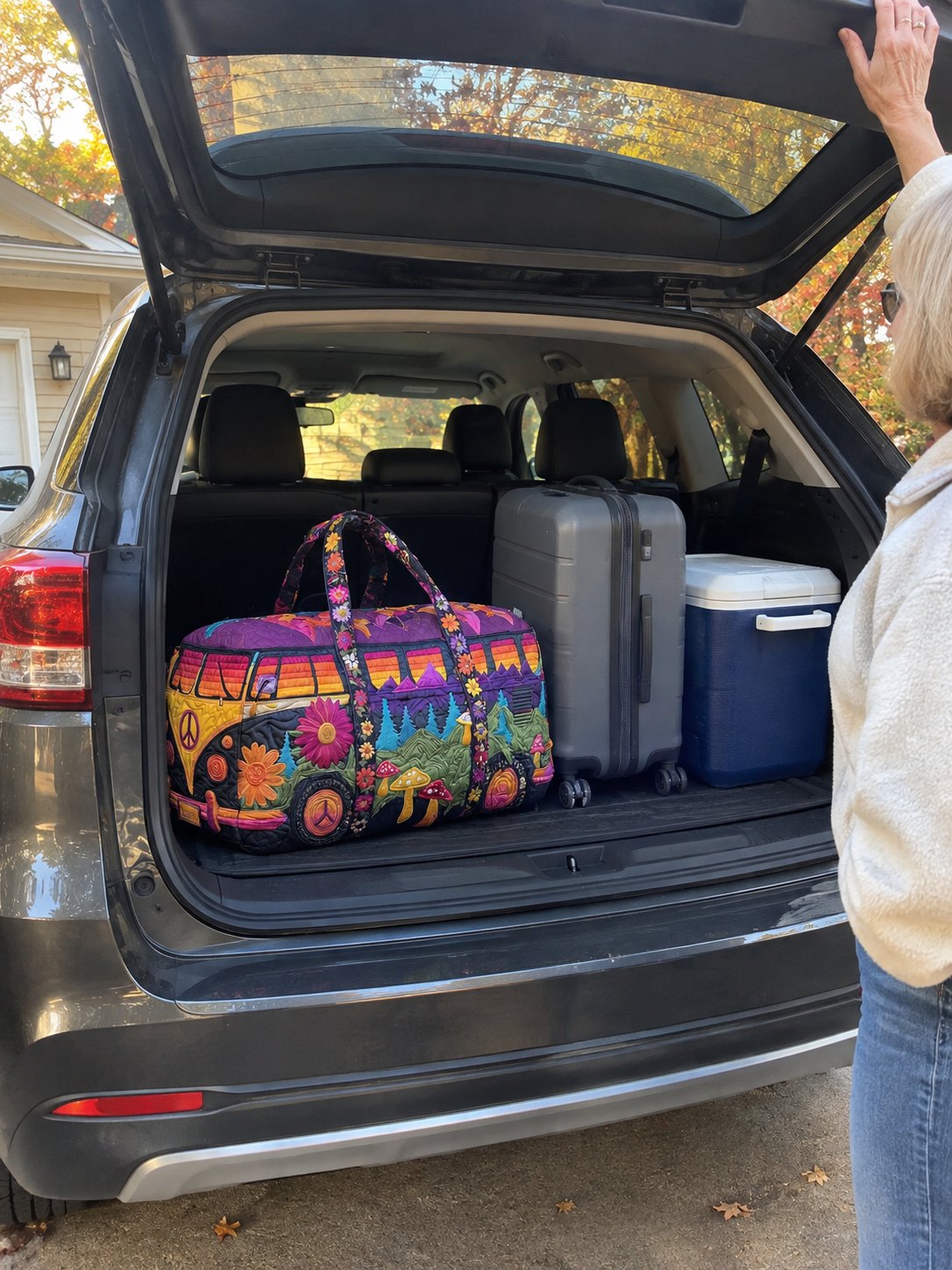 The Wildvana duffle in the trunk of the car