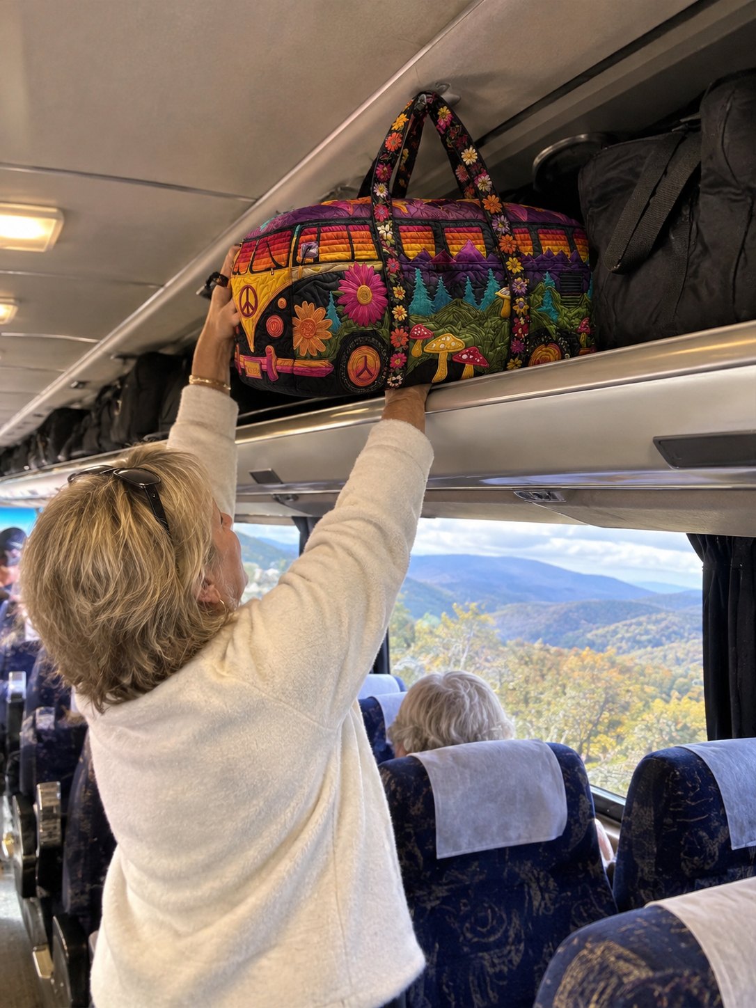 The Wildvana duffle going up into the luggage rack on the bus