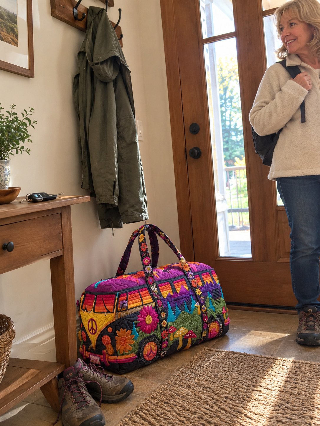 The duffle by the front door, ready to go