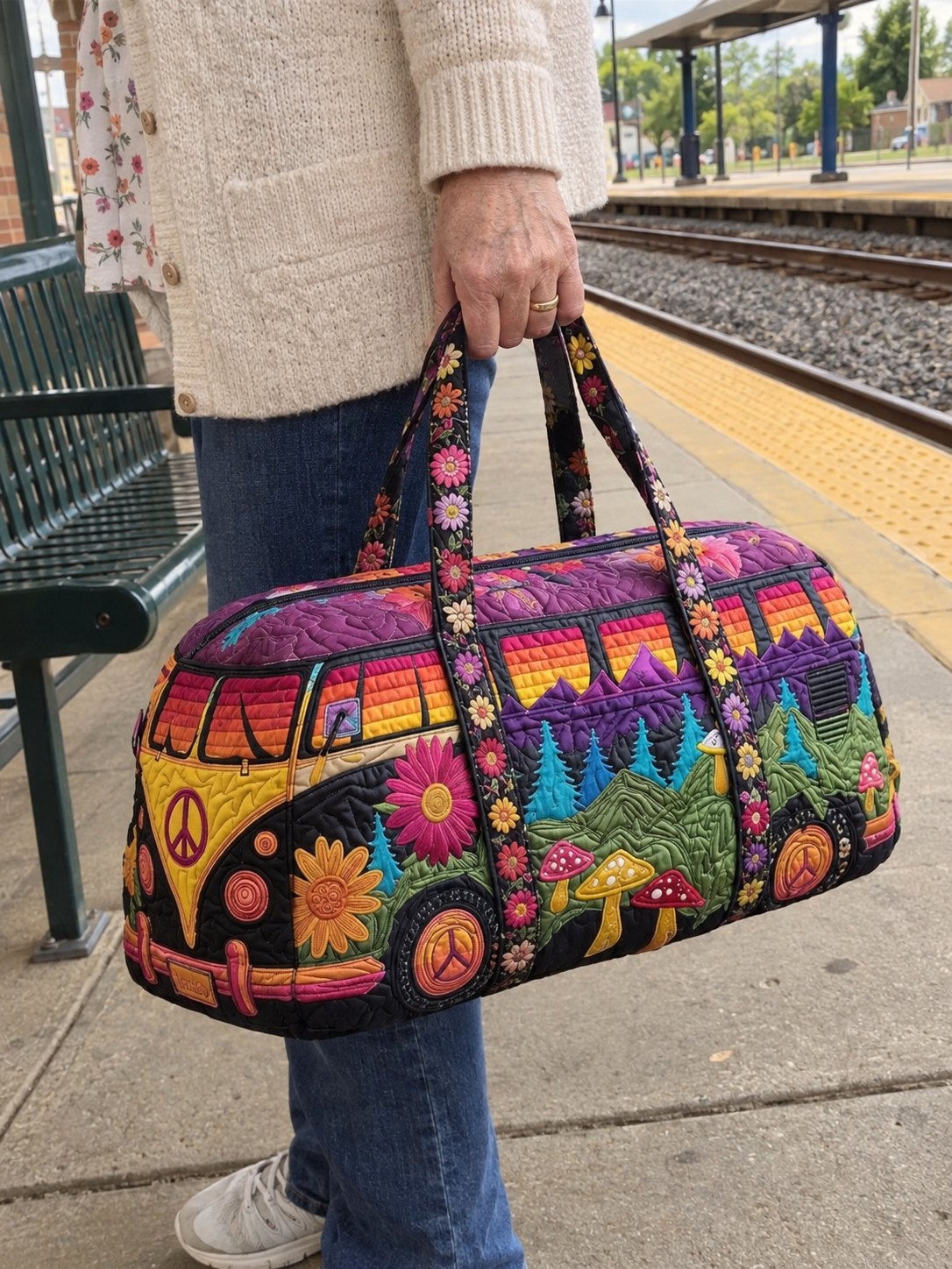 Holding the duffle by its flowered handles on a train platform