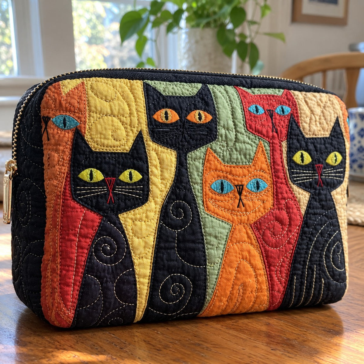 The cats and the quilting up close