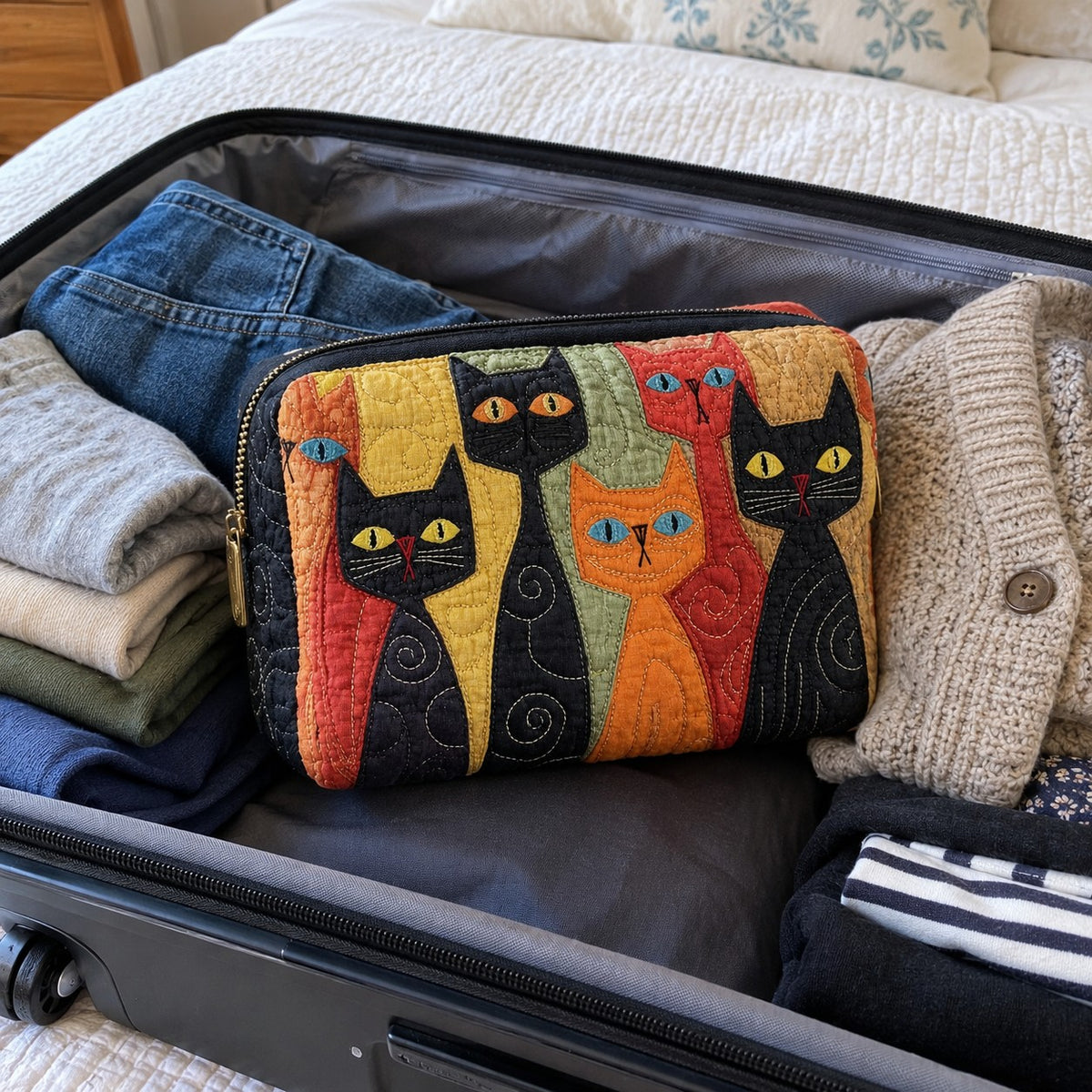 The Sierra toiletry bag packed in a carry-on suitcase