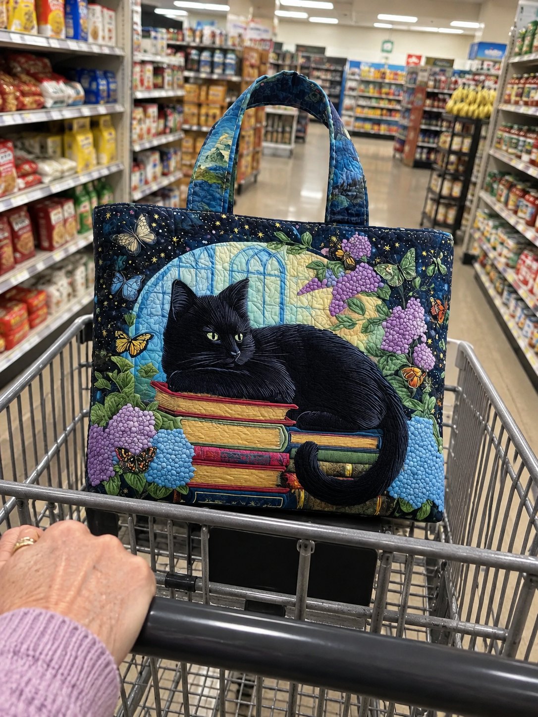 The Midnight tote in a shopping cart at Kroger
