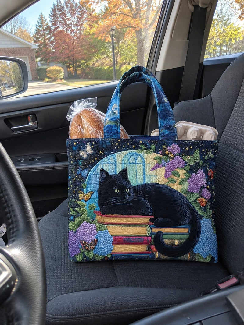 Midnight Black Cat on Books Quilted Tote
