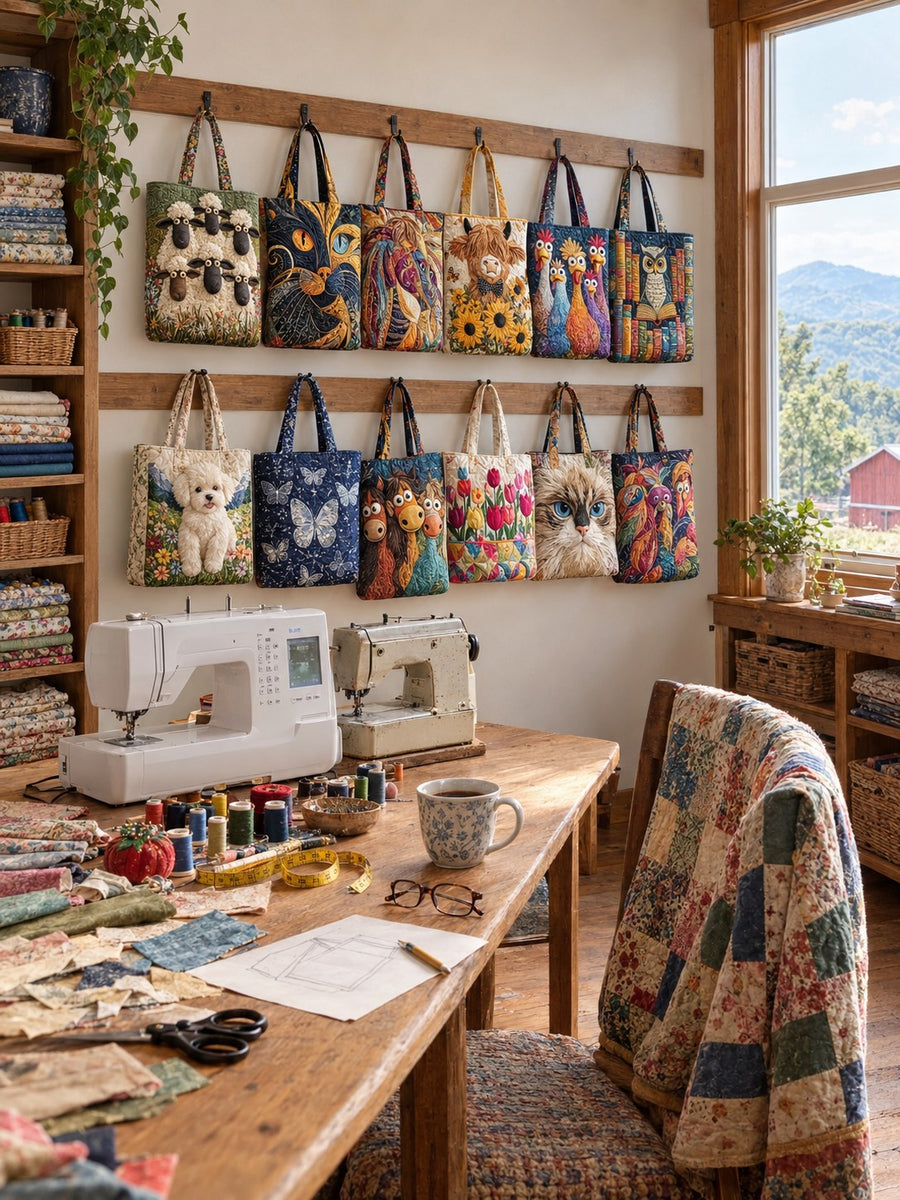 Clara & Owen studio worktable with handcrafted quilted bags