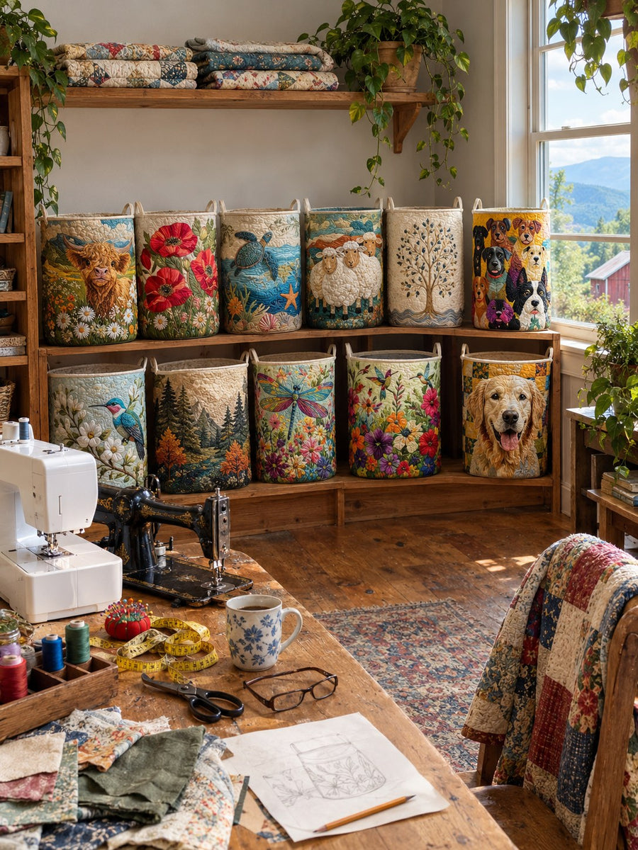 Handcrafted quilted laundry baskets in the Clara & Owen studio