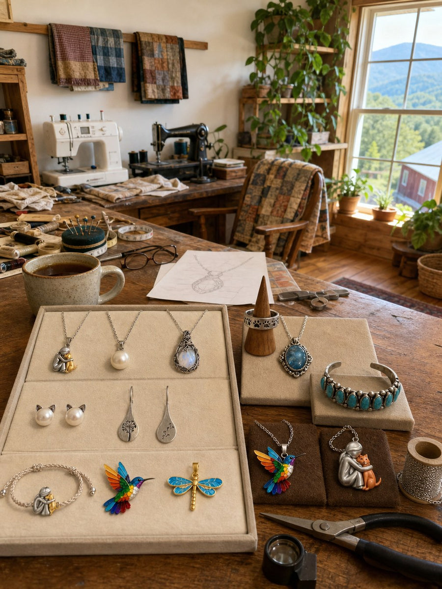 Handcrafted jewelry on the worktable of the Clara & Owen studio