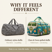 Why it feels different: ordinary nylon duffle vs Clara & Owen quilted duffle