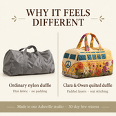 Why it feels different: ordinary nylon duffle vs Clara & Owen quilted duffle