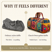 Why it feels different: ordinary nylon duffle vs Clara & Owen quilted duffle