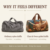 Why it feels different: ordinary nylon duffle vs Clara & Owen quilted duffle