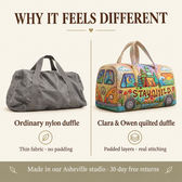 Why it feels different: ordinary nylon duffle vs Clara & Owen quilted duffle