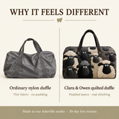 Why it feels different: ordinary nylon duffle vs Clara & Owen quilted duffle