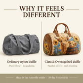 Why it feels different: ordinary nylon duffle vs Clara & Owen quilted duffle