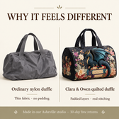 Why it feels different: ordinary nylon duffle vs Clara & Owen quilted duffle