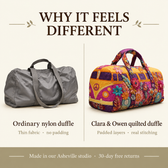 Why it feels different: ordinary nylon duffle vs Clara & Owen quilted duffle