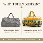 Why it feels different: ordinary nylon duffle vs Clara & Owen quilted duffle